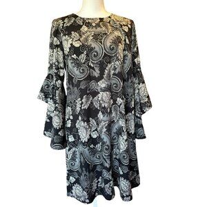 Uncle Frank Women's Dress Sz S Floral Bell Ruffle Sleeve Black Tan Keyhole Back